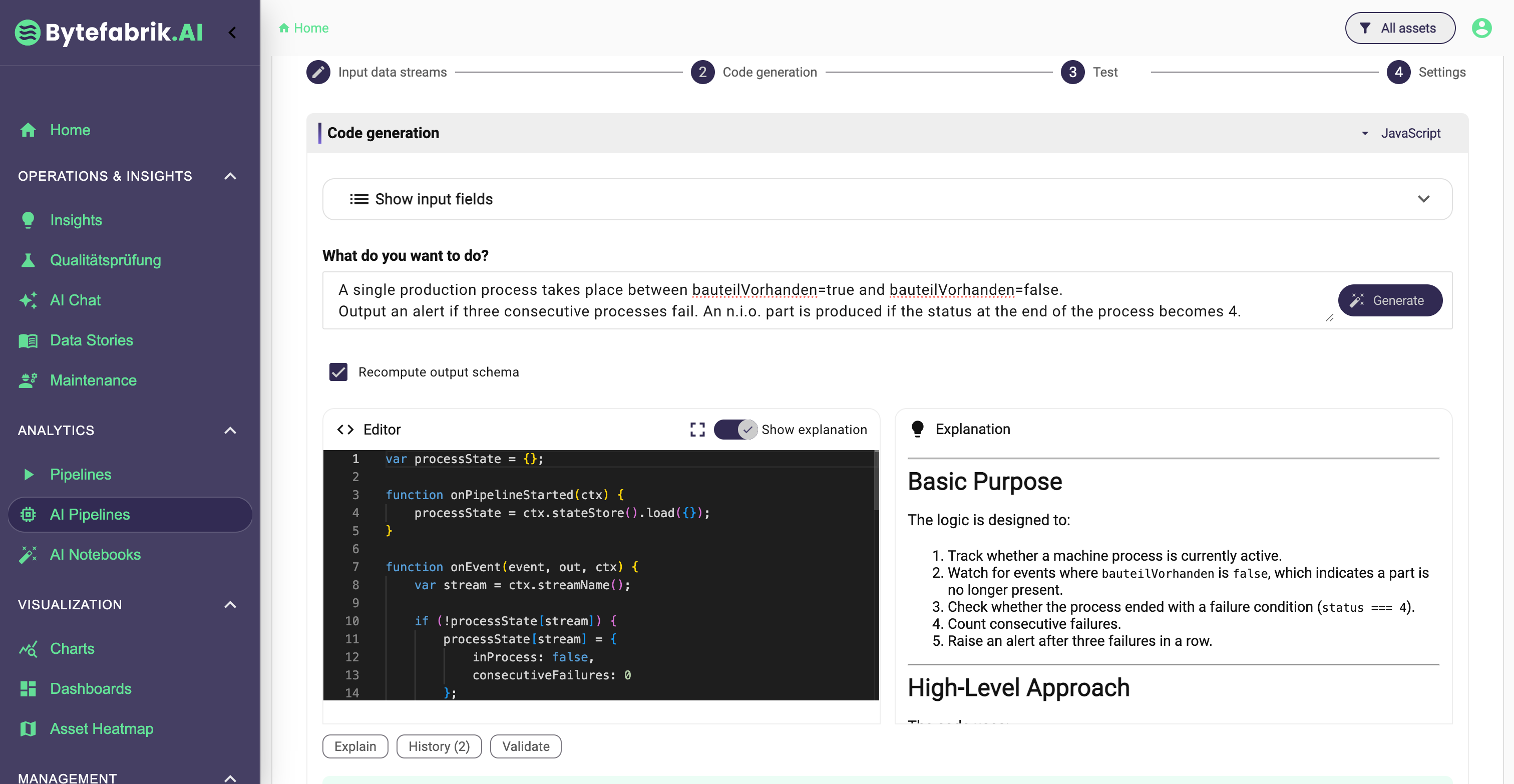 Example for an AI pipeline in the Bytefabrik IoT Data Hub