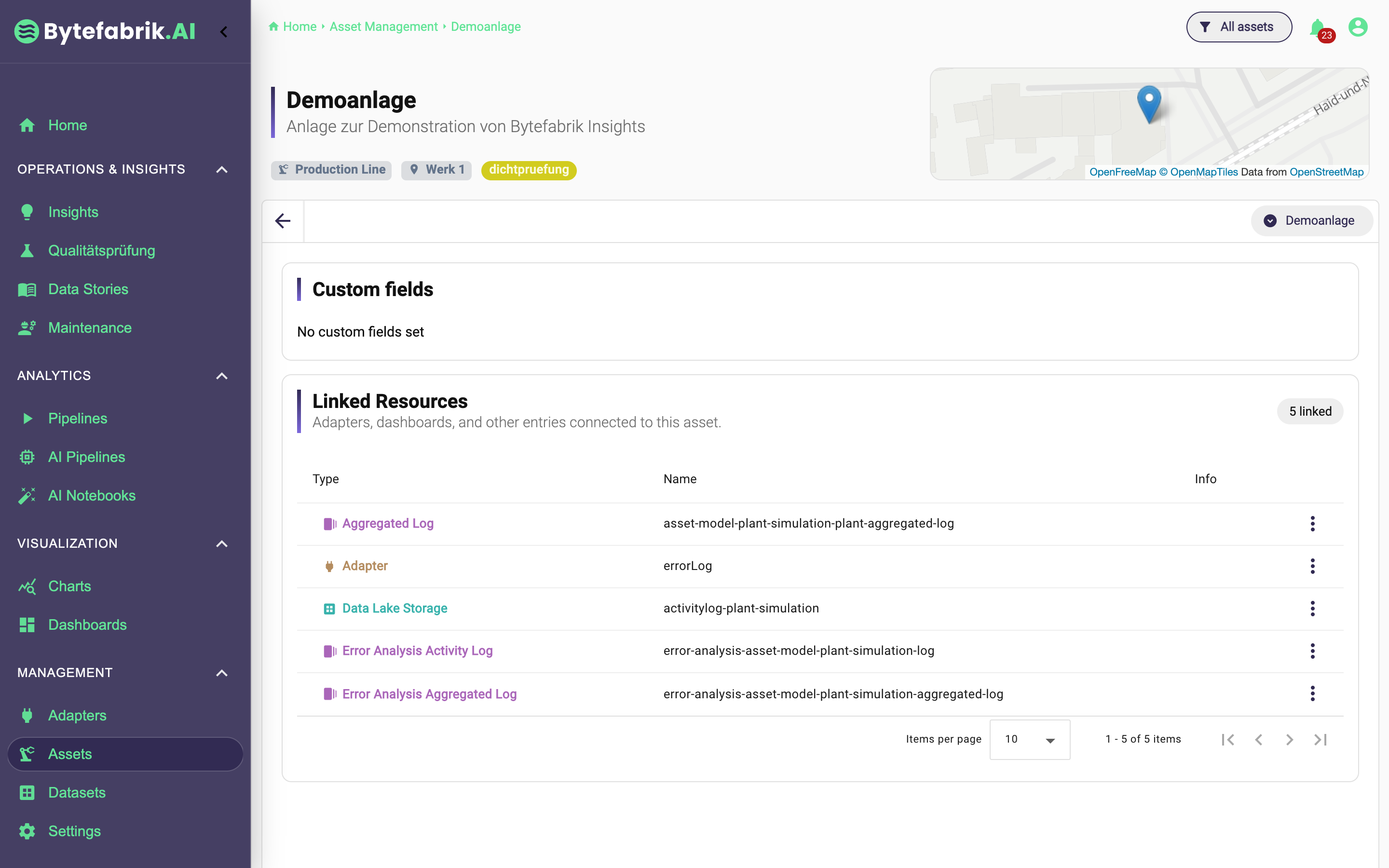 Asset detail view with linked data sources and applications in the IoT Data Hub